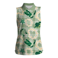 Aloha Hawaii Paniolo Mint Palaka Women Sleeveless Polo Shirt Coastal Rodeo - Polynesian Pride