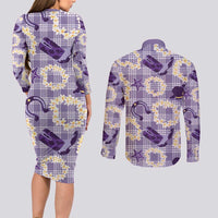 Aloha Hawaii Paniolo Lavender Palaka Couples Matching Long Sleeve Bodycon Dress and Long Sleeve Button Shirt Coastal Rodeo - Polynesian Pride