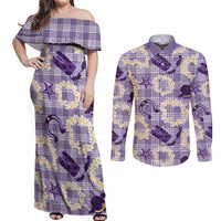 Aloha Hawaii Paniolo Lavender Palaka Couples Matching Off Shoulder Maxi Dress and Long Sleeve Button Shirt Coastal Rodeo - Polynesian Pride