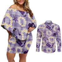 Aloha Hawaii Paniolo Lavender Palaka Couples Matching Off Shoulder Short Dress and Long Sleeve Button Shirt Coastal Rodeo - Polynesian Pride