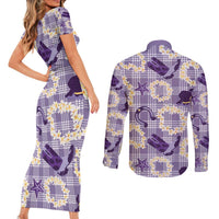 Aloha Hawaii Paniolo Lavender Palaka Couples Matching Short Sleeve Bodycon Dress and Long Sleeve Button Shirt Coastal Rodeo - Polynesian Pride