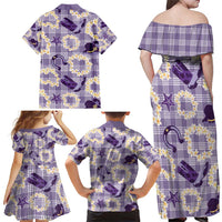 Aloha Hawaii Paniolo Lavender Palaka Family Matching Off Shoulder Maxi Dress and Hawaiian Shirt Coastal Rodeo LT7 - Polynesian Pride