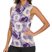 Aloha Hawaii Paniolo Lavender Palaka Women Sleeveless Polo Shirt Coastal Rodeo - Polynesian Pride