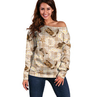 Aloha Hawaii Paniolo Khaki Palaka Off Shoulder Sweater Coastal Rodeo - Polynesian Pride