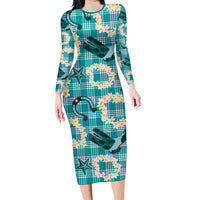 Aloha Hawaii Paniolo Teal Palaka Family Matching Long Sleeve Bodycon Dress and Hawaiian Shirt Coastal Rodeo LT7 Mom's Dress Teal - Polynesian Pride