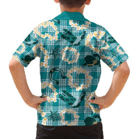 Aloha Hawaii Paniolo Teal Palaka Family Matching Off The Shoulder Long Sleeve Dress and Hawaiian Shirt Coastal Rodeo LT7 - Polynesian Pride