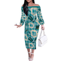 Aloha Hawaii Paniolo Teal Palaka Family Matching Off The Shoulder Long Sleeve Dress and Hawaiian Shirt Coastal Rodeo LT7 Mom's Dress Teal - Polynesian Pride