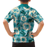 Aloha Hawaii Paniolo Teal Palaka Family Matching Off Shoulder Short Dress and Hawaiian Shirt Coastal Rodeo LT7 - Polynesian Pride