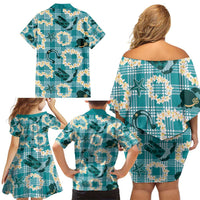 Aloha Hawaii Paniolo Teal Palaka Family Matching Off Shoulder Short Dress and Hawaiian Shirt Coastal Rodeo LT7 - Polynesian Pride