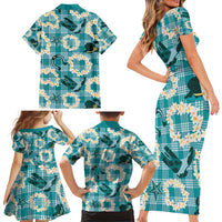 Aloha Hawaii Paniolo Teal Palaka Family Matching Short Sleeve Bodycon Dress and Hawaiian Shirt Coastal Rodeo LT7 - Polynesian Pride