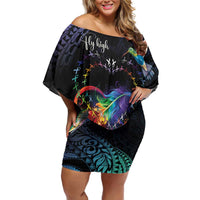 Polynesian Cancers Awareness Family Matching Off Shoulder Short Dress and Hawaiian Shirt Hummingbird - Fly High Until We Meet Again LT7 Mom's Dress Colorful - Polynesian Pride
