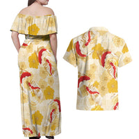 Beige Palaka Hawaii Aloha Couples Matching Off Shoulder Maxi Dress and Hawaiian Shirt Koi Pond Mix Ilima Flowers - Polynesian Pride