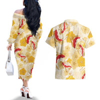 Beige Palaka Hawaii Aloha Couples Matching Off The Shoulder Long Sleeve Dress and Hawaiian Shirt Koi Pond Mix Ilima Flowers LT7 - Polynesian Pride