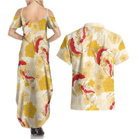 Beige Palaka Hawaii Aloha Couples Matching Summer Maxi Dress and Hawaiian Shirt Koi Pond Mix Ilima Flowers - Polynesian Pride