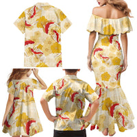 Beige Palaka Hawaii Aloha Family Matching Mermaid Dress and Hawaiian Shirt Koi Pond Mix Ilima Flowers LT7 - Polynesian Pride