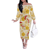 Beige Palaka Hawaii Aloha Family Matching Off The Shoulder Long Sleeve Dress and Hawaiian Shirt Koi Pond Mix Ilima Flowers LT7 Cream Yellow - Polynesian Pride