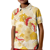Beige Palaka Hawaii Aloha Kid Polo Shirt Koi Pond Mix Ilima Flowers - Polynesian Pride