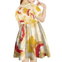 Beige Palaka Hawaii Aloha Kid Short Sleeve Dress Koi Pond Mix Ilima Flowers - Polynesian Pride