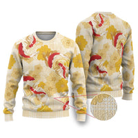 Beige Palaka Hawaii Aloha Ugly Christmas Sweater Koi Pond Mix Ilima Flowers LT7 Cream Yellow - Polynesian Pride