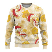 Beige Palaka Hawaii Aloha Ugly Christmas Sweater Koi Pond Mix Ilima Flowers LT7 - Polynesian Pride
