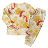 Beige Palaka Hawaii Aloha Christmas Pajama Set Koi Pond Mix Ilima Flowers LT7 - Polynesian Pride