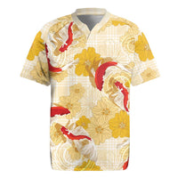 Beige Palaka Hawaii Aloha Rugby Jersey Koi Pond Mix Ilima Flowers - Polynesian Pride