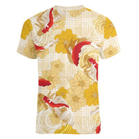 Beige Palaka Hawaii Aloha Women V-Neck T-Shirt Koi Pond Mix Ilima Flowers - Polynesian Pride