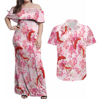 Pink Palaka Hawaii Aloha Couples Matching Off Shoulder Maxi Dress and Hawaiian Shirt Koi Pond Mix Sakura - Polynesian Pride