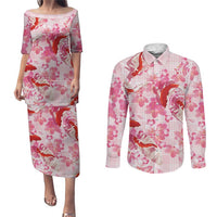 Pink Palaka Hawaii Aloha Couples Matching Puletasi and Long Sleeve Button Shirt Koi Pond Mix Sakura - Polynesian Pride