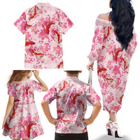 Pink Palaka Hawaii Aloha Family Matching Off The Shoulder Long Sleeve Dress and Hawaiian Shirt Koi Pond Mix Sakura LT7 - Polynesian Pride