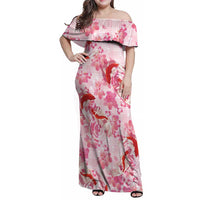 Pink Palaka Hawaii Aloha Family Matching Off Shoulder Maxi Dress and Hawaiian Shirt Koi Pond Mix Sakura LT7 Pink - Polynesian Pride