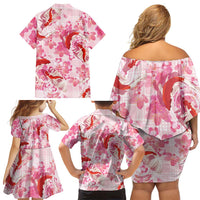Pink Palaka Hawaii Aloha Family Matching Off Shoulder Short Dress and Hawaiian Shirt Koi Pond Mix Sakura LT7 - Polynesian Pride