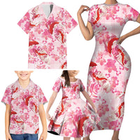 Pink Palaka Hawaii Aloha Family Matching Short Sleeve Bodycon Dress and Hawaiian Shirt Koi Pond Mix Sakura LT7 - Polynesian Pride