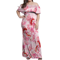 Pink Palaka Hawaii Aloha Off Shoulder Maxi Dress Koi Pond Mix Sakura LT7 Women Pink - Polynesian Pride