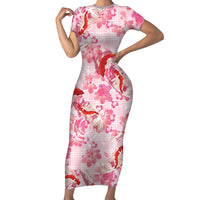 Pink Palaka Hawaii Aloha Short Sleeve Bodycon Dress Koi Pond Mix Sakura - Polynesian Pride