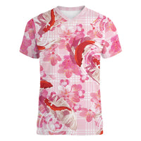 Pink Palaka Hawaii Aloha Women V-Neck T-Shirt Koi Pond Mix Sakura - Polynesian Pride