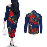 New Zealand Couples Matching Off The Shoulder Long Sleeve Dress and Long Sleeve Button Shirt Tui Couple with Pohutukawa LT7 - Polynesian Pride