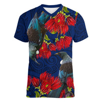 New Zealand Women V Neck T Shirt Tui Couple with Pohutukawa LT7 Female Blue - Polynesian Pride