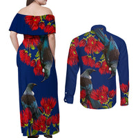 New Zealand Pohutukawa with Tui Birds Couples Matching Off Shoulder Maxi Dress and Long Sleeve Button Shirt Version 2 LT7 - Polynesian Pride