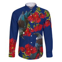 New Zealand Pohutukawa with Tui Birds Family Matching Off Shoulder Maxi Dress and Hawaiian Shirt Version 2 LT7 Dad's Shirt - Long Sleeve Blue - Polynesian Pride