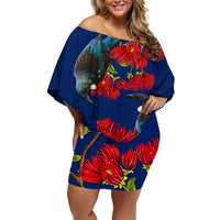 New Zealand Pohutukawa with Tui Birds Off Shoulder Short Dress Version 2 LT7 Women Blue - Polynesian Pride