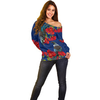 New Zealand Pohutukawa with Tui Birds Off Shoulder Sweater Version 2 LT7 - Polynesian Pride