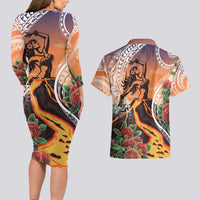 Hawaii Women's Day Tribal Couples Matching Long Sleeve Bodycon Dress and Hawaiian Shirt Pele Honua Mea LT7 - Polynesian Pride
