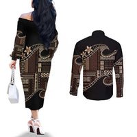 Samoa Siapo Mamanu Couples Matching Off The Shoulder Long Sleeve Dress and Long Sleeve Button Shirt Waves Motifs