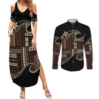 Samoa Siapo Mamanu Couples Matching Summer Maxi Dress and Long Sleeve Button Shirt Waves Motifs