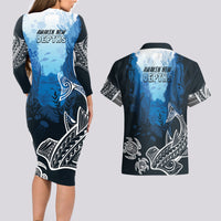 World Ocean Day Pasifika Couples Matching Long Sleeve Bodycon Dress and Hawaiian Shirt Awaken New Depths LT7 - Polynesian Pride
