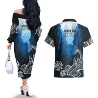 World Ocean Day Pasifika Couples Matching Off The Shoulder Long Sleeve Dress and Hawaiian Shirt Awaken New Depths LT7 - Polynesian Pride