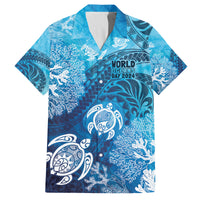 Hawaii World Ocean Day Family Matching Off Shoulder Maxi Dress and Hawaiian Shirt Kakau Turtles LT7 Dad's Shirt - Short Sleeve Blue - Polynesian Pride
