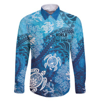 Hawaii World Ocean Day Family Matching Off Shoulder Maxi Dress and Hawaiian Shirt Kakau Turtles LT7 Dad's Shirt - Long Sleeve Blue - Polynesian Pride