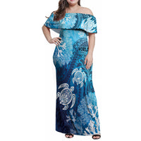 Hawaii World Ocean Day Family Matching Off Shoulder Maxi Dress and Hawaiian Shirt Kakau Turtles LT7 Mom's Dress Blue - Polynesian Pride
